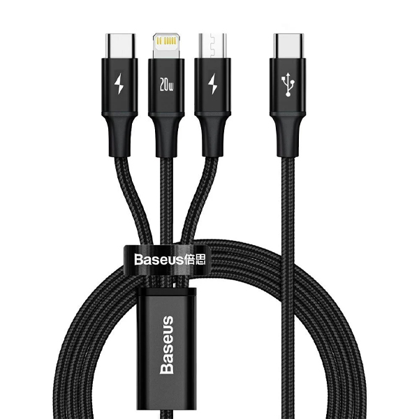 Кабель для передачи данных / быстрой зарядки / Baseus Rapid Series 3-in-1 Fast Charging Data Cable Type-C to C+L+C PD 20W 1.5m Black