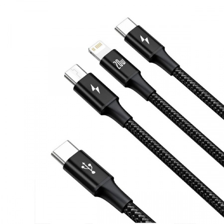 Кабель для передачи данных / быстрой зарядки / Baseus Rapid Series 3-in-1 Fast Charging Data Cable Type-C to C+L+C PD 20W 1.5m Black