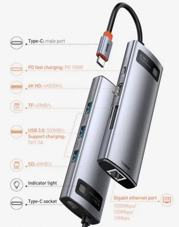 USB - концентратор / Переходник / Хаб Baseus Metal Gleam Series 8-in-1