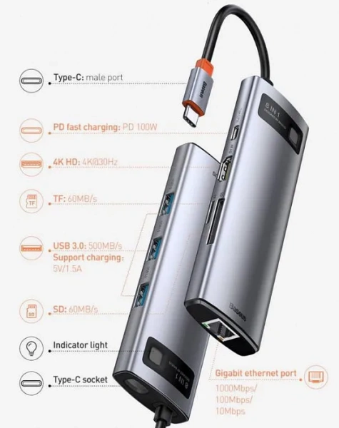 USB - концентратор / Переходник / Хаб Baseus Metal Gleam Series 8-in-1