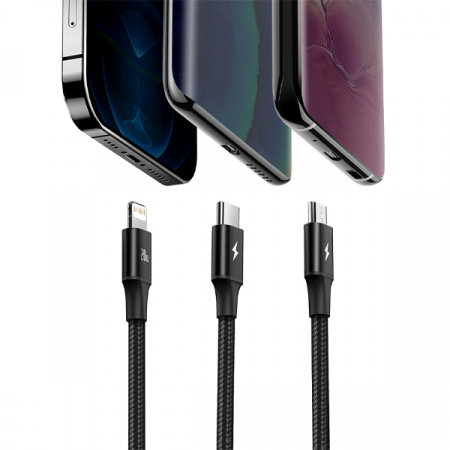 Кабель для передачи данных / быстрой зарядки / Baseus Rapid Series 3-in-1 Fast Charging Data Cable Type-C to C+L+C PD 20W 1.5m Black