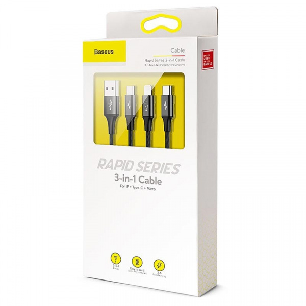 Кабель для iPhone Micro, Type-C, Baseus Rapid Series 3-in-1 Cable Micro+Lightning+Type-C 3A 1.2m