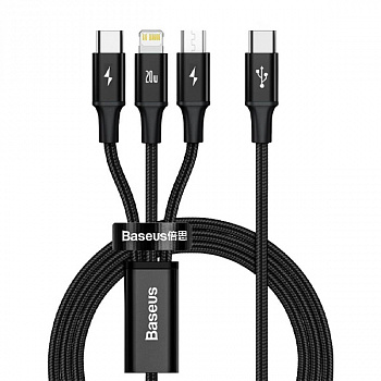 Кабель для передачи данных / быстрой зарядки / Baseus Rapid Series 3-in-1 Fast Charging Data Cable Type-C to C+L+C PD 20W 1.5m Black