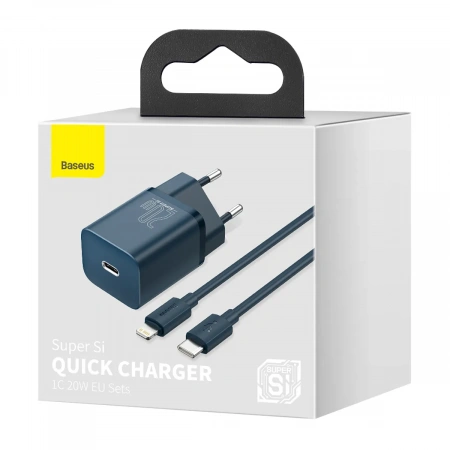 Сетевое зарядное устройство Baseus Super Si Quick Charger 1C 20W EU Sets с кабелем Type-C to Lightning 1м., Синий